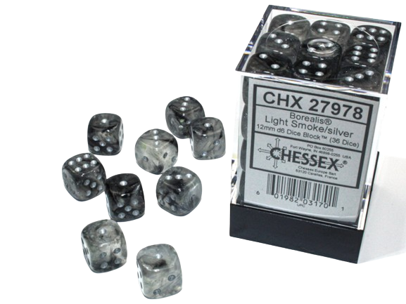 Chessex Borealis Dice Cube 12mm x36 Light Smoke/Silver
