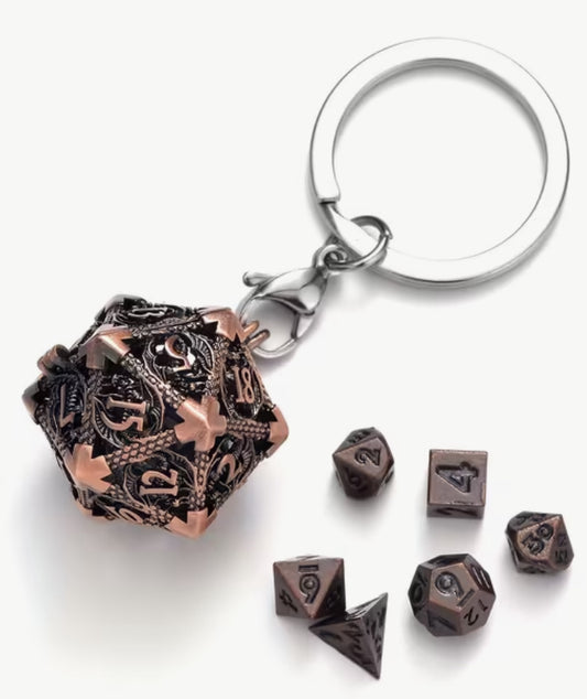Mini Dice in D20 key fob - Coppery Metal