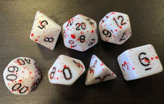Battle Inc Gaming Blood Splatter Polyhedral Dice Set in silver tin